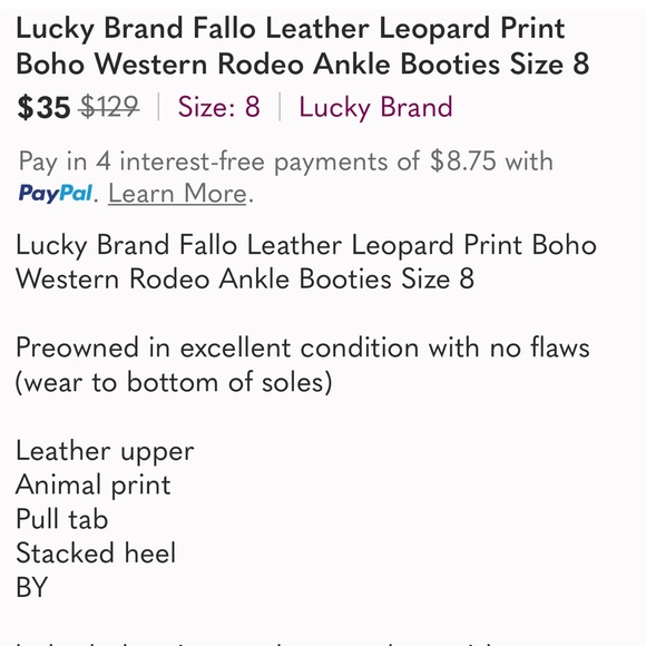 Lucky Brand Fallo Leather Leopard Print Boho
Western Rodeo Ankle Booties Size 8 - Picture 11 of 11